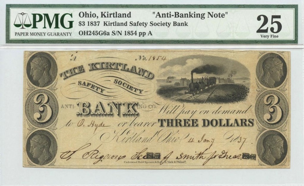 Ohio, Kirtland, $3 1837 Kirtland Safety Society Bank, "Anti-Banking Note", Mormon Currency courtesy of PMG