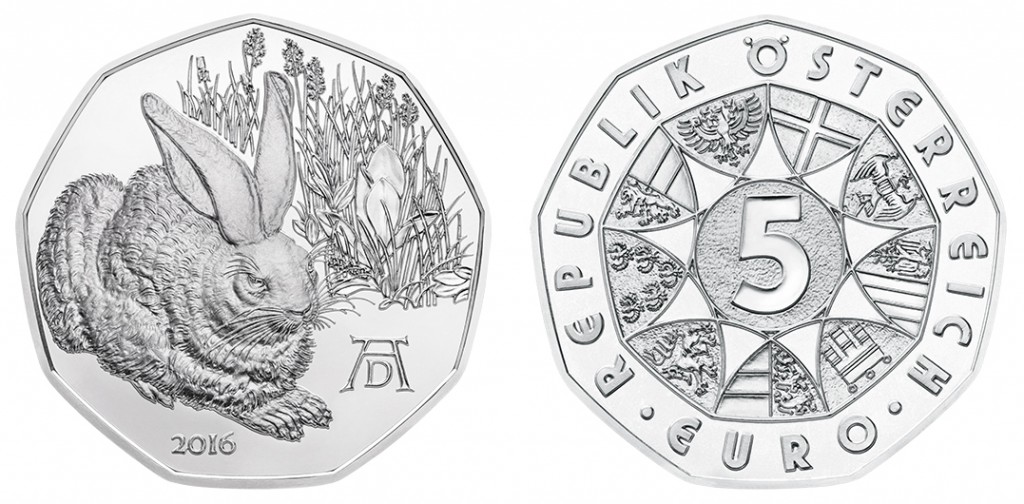 Austria 2016 Albrecht Dürer’s “Wild Hare” 5 euro silver coin, courtesy Austrian Mint