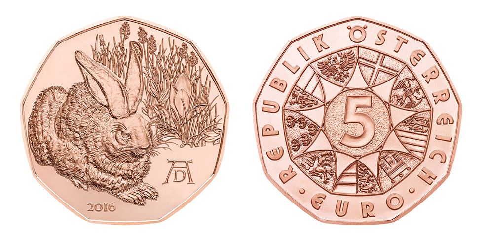 Austria 2016 Albrecht Dürer’s “Wild Hare” 5 euro copper coin, courtesy Austrian Mint
