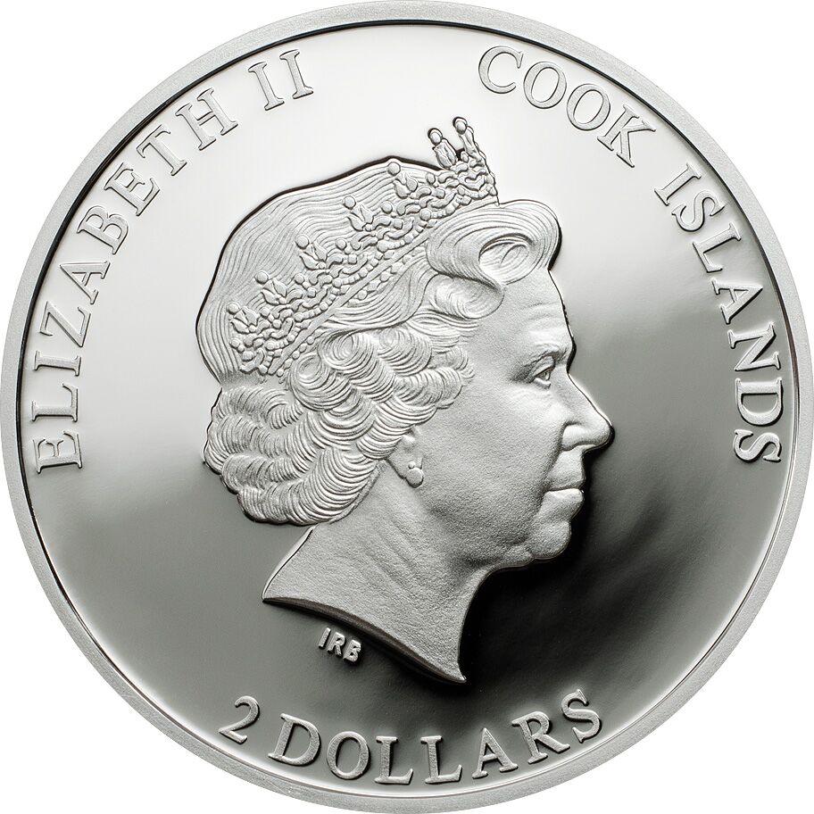 Cook Islands World of Hunting $2 silver obverse, Ian Rank-Broadley portrait Queen Elizabeth II. Courtesy Coin Invest Trust, Mayer Mint