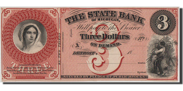 United States Obsolete Bankote, State Bank of Michigan $3 bill. Courtesy Comptoir des Monnaies and MA-Shops