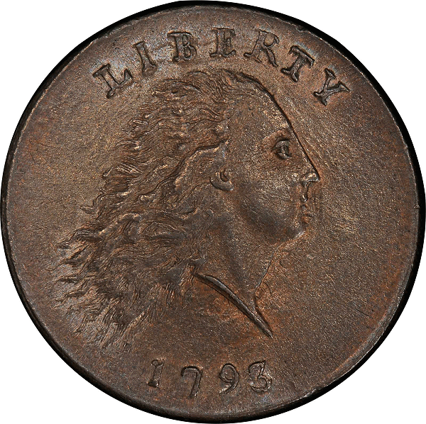 1793 Flowing Hair Cent. Sheldon-3. Rarity-3-. Chain, AMERICA. No Periods. Mint State-65 RB (PCGS).