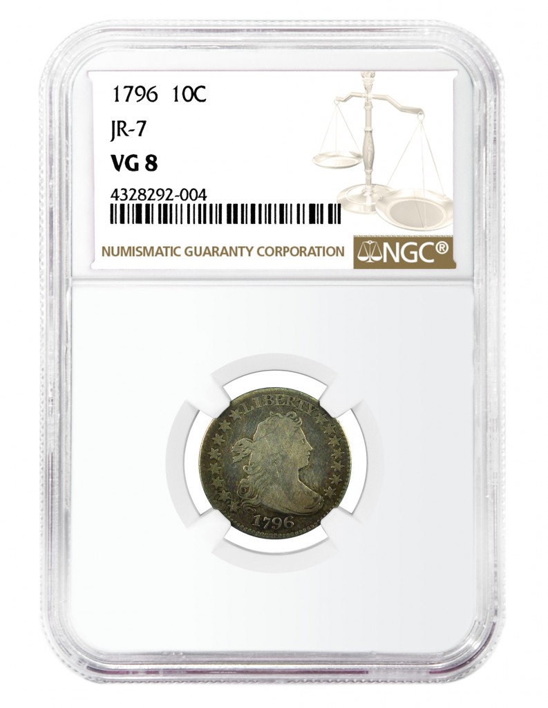Finest-known of two known specimens of a rare 1796 dime die marriage (JR-7), courtesy NGC.