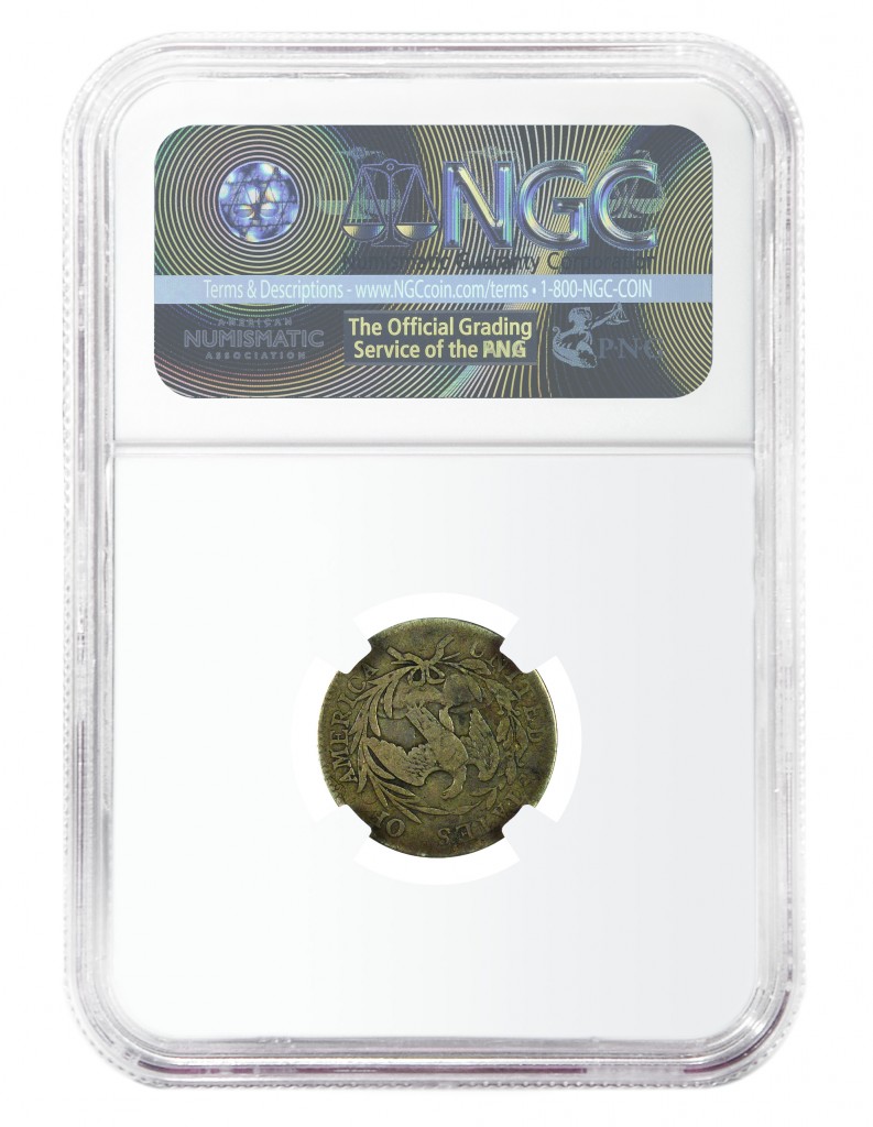 Reverse, finest-known of two known specimens of a rare 1796 dime die marriage (JR-7), courtesy NGC.