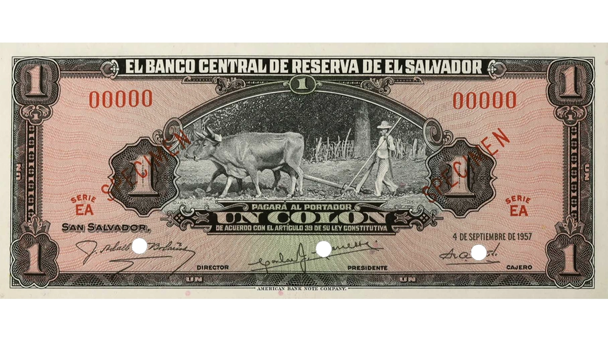 An image of a 1957 Specimen 1 Colón currency note. Image: Stack's Bowers.