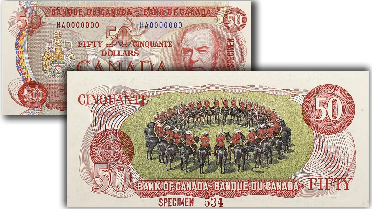 An image of the front and back of a Series of 1975 Canada $50 currency note.
