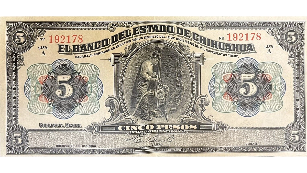 A photograph of the face of a 1915 Chihuahua, Mexico 5 Pesos Note.