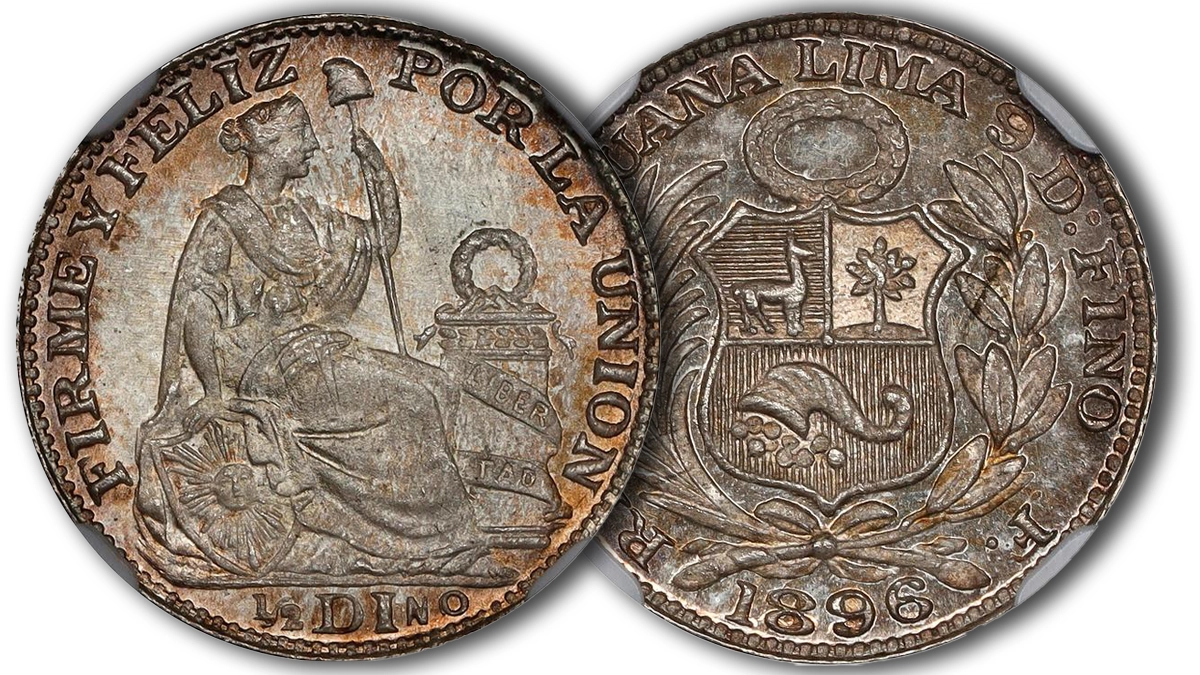 An image of a Peruvian 1/2 Dinero coin minted in 1896. Image: Stack's Bowers.