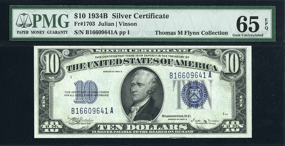 United States 1934B $10 Silver Certificate, Julian/Woodin signatures