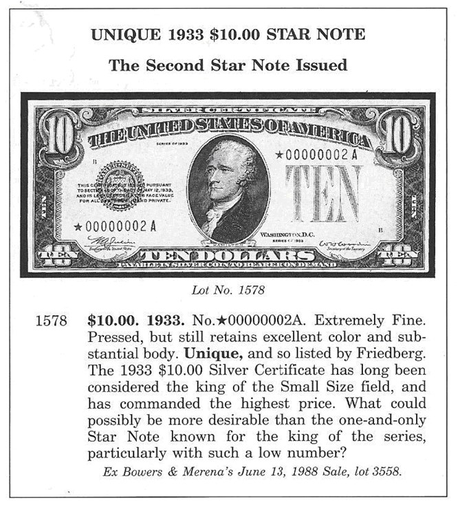 United States, unique 1933 $10 silver certificate star note
