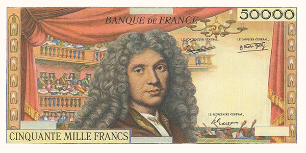 Obverse, France 1959 Moliere 50,000 Franc banknote