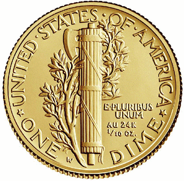 reverse, 2016 Mercury Dime Gold Coin