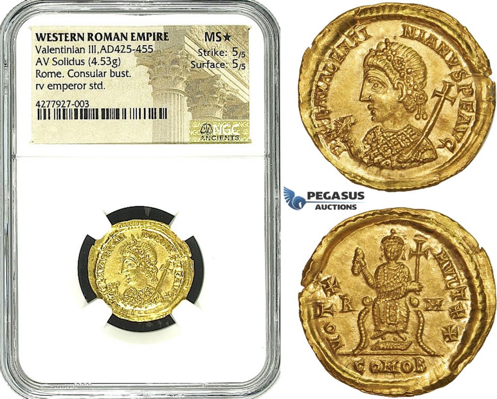 Roman Imperial, Valentinian III gold solidus, consular type