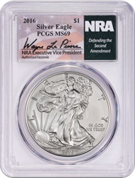 Wayne LaPierre Signature Label 2016 American Silver Eagle Bullion Coin, MS-69