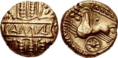 Iron Age gold stater issued by Cunobelin of the Catuvellauni and the Trinovantes in southeastern Britain; Courtesy CNG