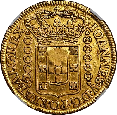 Brazilian 1726 Minas Gerais 20,000 reis ($30)