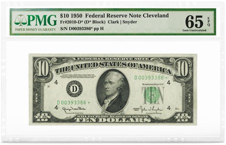 $10 1950 FRN Cleveland, Star Note, PMG Graded 65 Gem Uncirculated EPQ. Image courtesy PMG