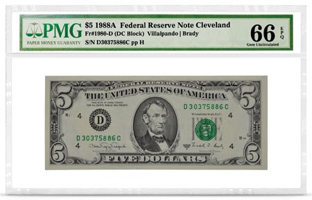 $5 1988A Federal Reserve Note Cleveland, front, PMG Graded 66 Gem Uncirculated EPQ. Image courtesy PMG