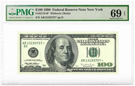 $100 1996 FRN New York, PMG Graded 69 Superb Gem Unc EPQ. Image courtesy PMG