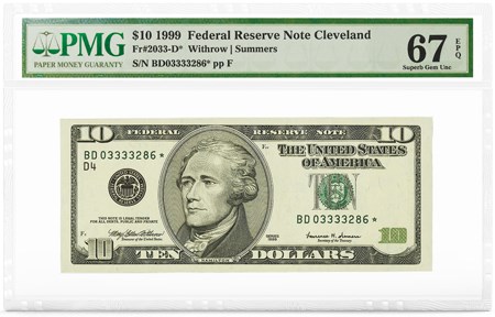 $10 1999 FRN Cleveland, Star Note, PMG Graded 67 Superb Gem Unc EPQ. Image courtesy PMG