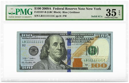 $100 2009A FRN New York, Solid #1's, PMG Graded 35 Choice Very Fine EPQ. Image courtesy PMG