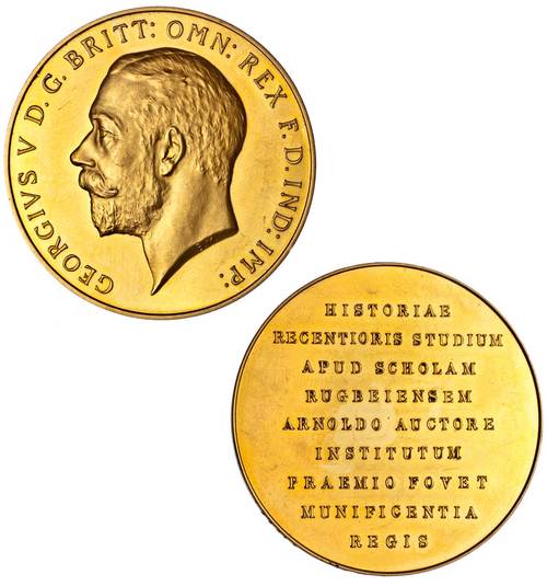 Great Britain. George V (1910-1936). Rugby School Gold Prize Medal, 1911. Image courtesy Spink USA