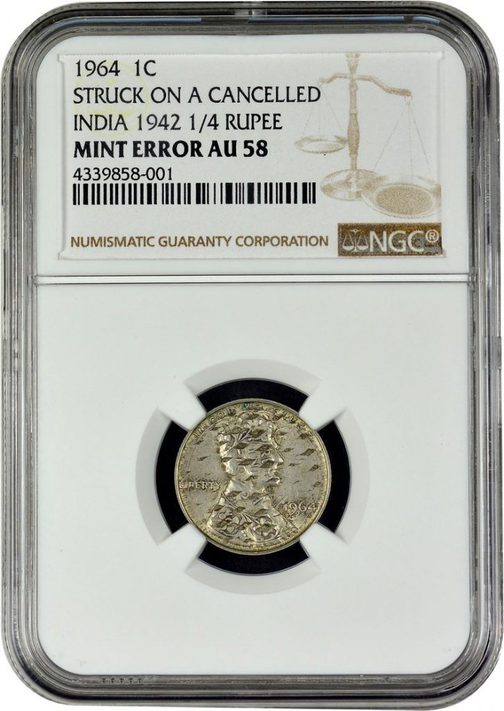 obverse, 1964 Lincoln Cent overstruck on India 1942 quarter rupee . Images courtesy NGC