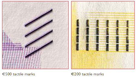 Tactile features of 500- and 200-Euro notes.. Image courtesy PMG