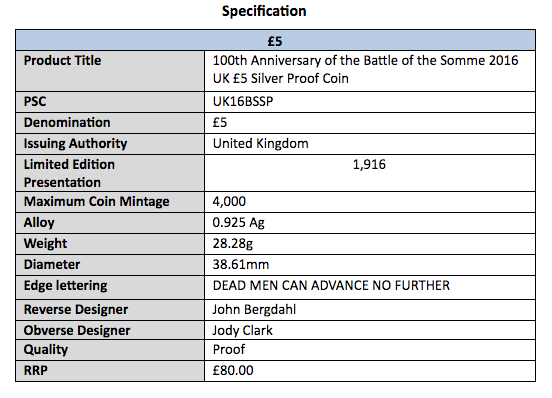 Battle of the Somme coin specification table, courtesy The Royal Mint