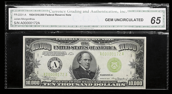 Goldberg's Coin Auction 1934 $10,000 Federal Reserve Note. CGA Gem Uncirculated 65. Fr-2231a