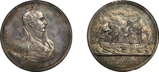  1812 Captain Jacob Jones / USS Wasp vs. HMS Frolic. Original. Silver. 64.5 mm. Julian NA-13. Images courtesy NGC