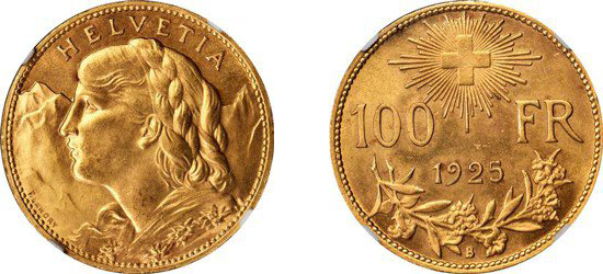 SWITZERLAND. 100 Franc, 1925-B. Images courtesy NGC