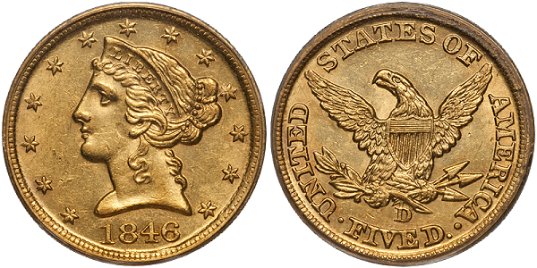 Example of an 1846-D/D $5.00 in MS61 - US Gold Coin