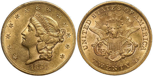 1854-S $20.00 PCGS AU58 - US Gold Coin