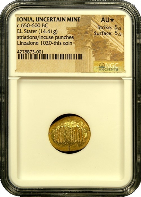 An Ionian Striated Stater, one of the first coins ever made. Image courtesy Austin Rare Coins