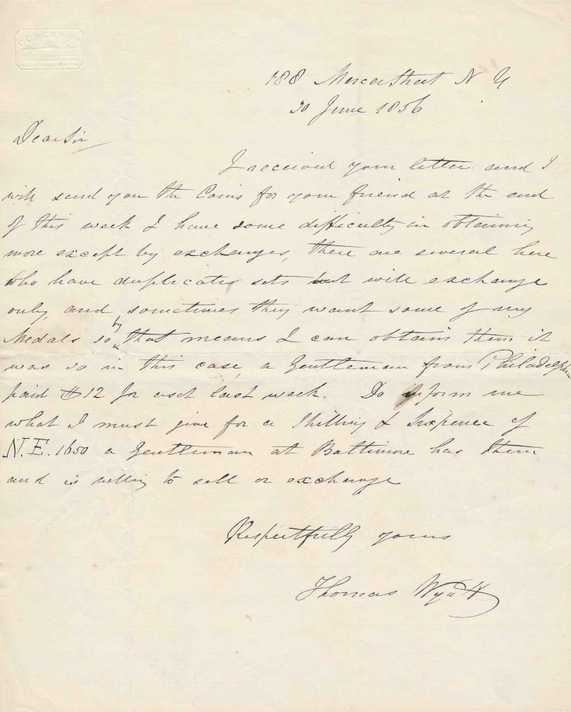 Letter of noted Colonial coin counterfeit Thomas Wyatt, 1856. Image courtesy Kolbe & Fanning Numismatic Booksellers