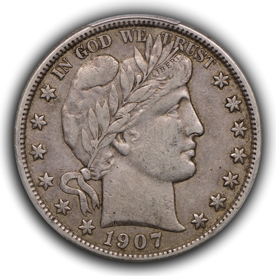 obverse, 1907-S Barber half dollar in EF with original skin, darker color and retained dirt. Image courtesy Thomas Bush Numismatics
