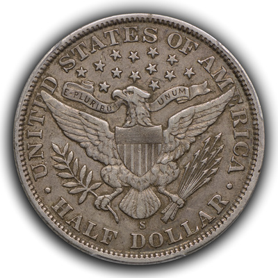 reverse, 1907-S Barber half dollar in EF with original skin, darker color and retained dirt. Image courtesy Thomas Bush Numismatics