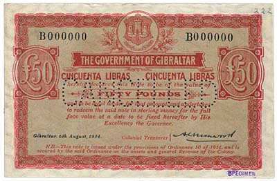 Gibraltar £50 of 1914 (lot 709). Image courtesy Spink Auctions