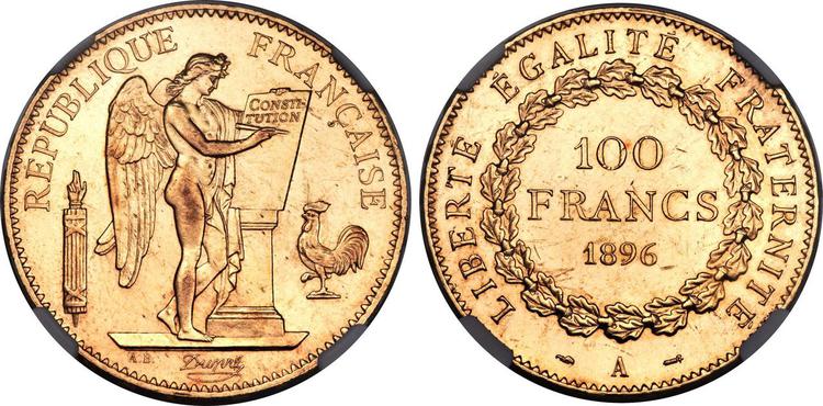 FRANCE. 1896 AV 100 Francs. NGC MS61. Images courtesy Atlas Numismatics