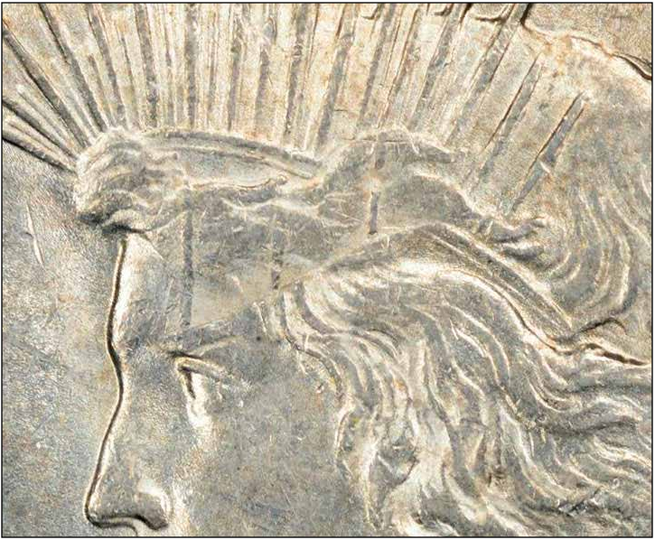 1922 Peace Dollar flip-over double strike, obverse close-up. Image courtesy Mike Byers, Mint Error News