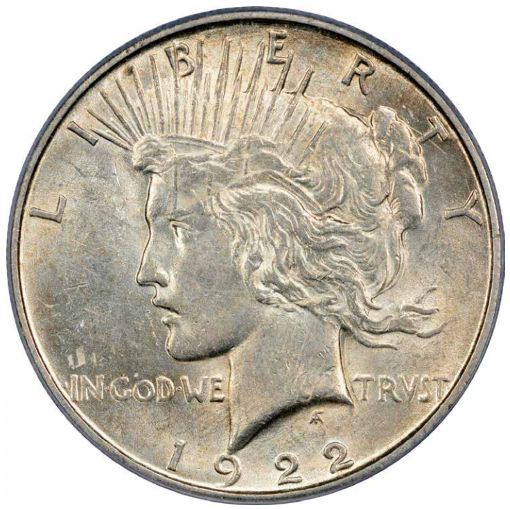 1922 Peace Dollar flip-over double strike, obverse. Image courtesy Mike Byers, Mint Error News