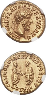 Roman Imperial. Lucius Verus gold aureus. Images courtesy Heritage Auctions