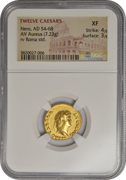 Roman Imperial, Nero Gold Aureus NGC XF. Image courtesy Monaco Rare Coins