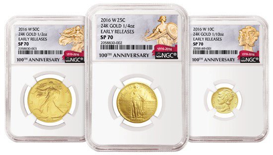 NGC Centennial Labels for 2016 Mercury dime, Standing Liberty quarter and Walking Liberty half dollar gold coins. Image courtesy NGC