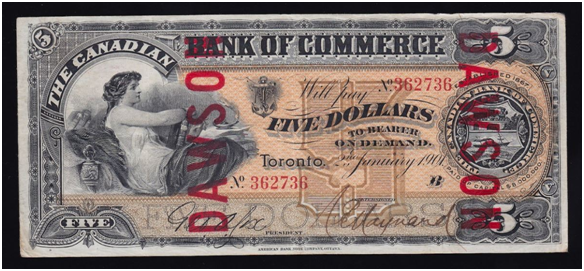 front, 1901 $5 banknote issued by The Canadian Bank of Commerce. Image courtesy Geoffrey Bell Auctions & TOREX