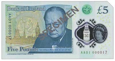 New £5 ND (2016) featuring Sir Winston Churchill with lowest serial number AA01 000017. Image courtesy Spink Auctions