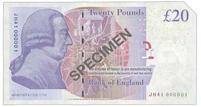 Bank of England, Victoria Cleland, £20, ND (2014), serial number JH41 000001. Image courtesy Spink Auctions