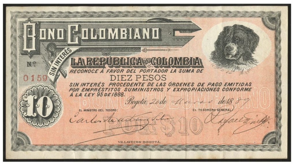 1889 10 pesos Colombian Bond with dog. Image courtesy Daniel Frank Sedwick LLC