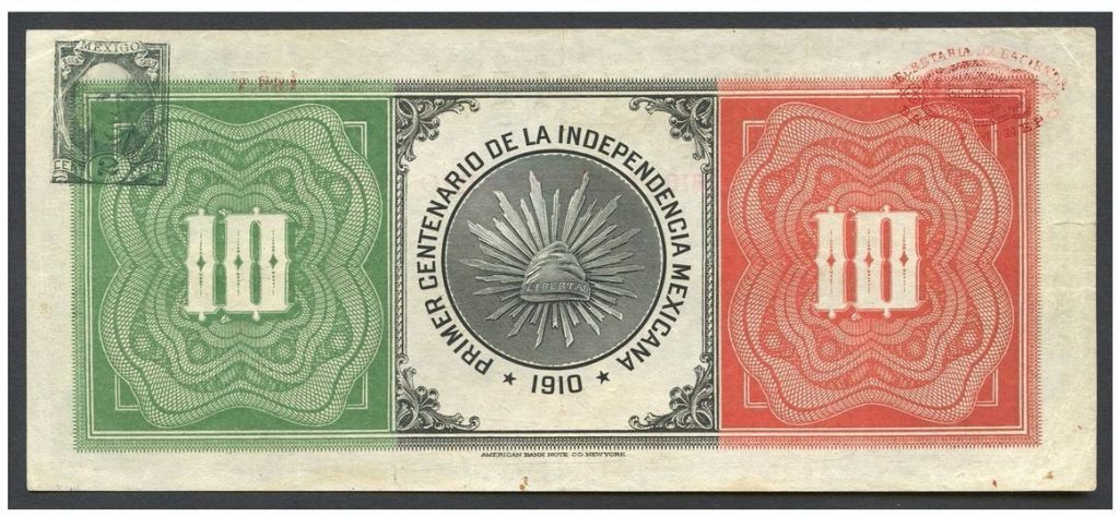 reverse, Mexico 1910 Tricolor note. Image courtesy Daniel Frank Sedwick LLC